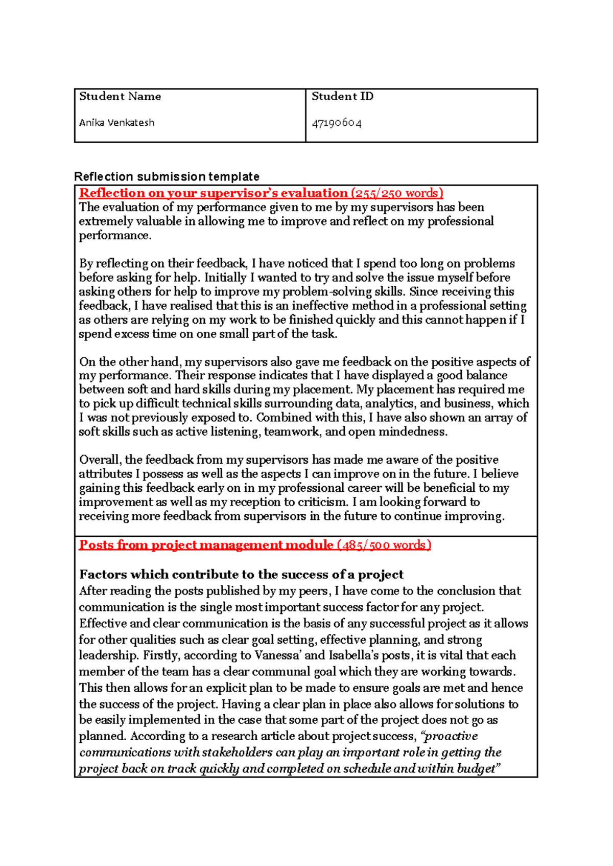 Placement Reflection Report (Student ID: 47190604) - Studocu
