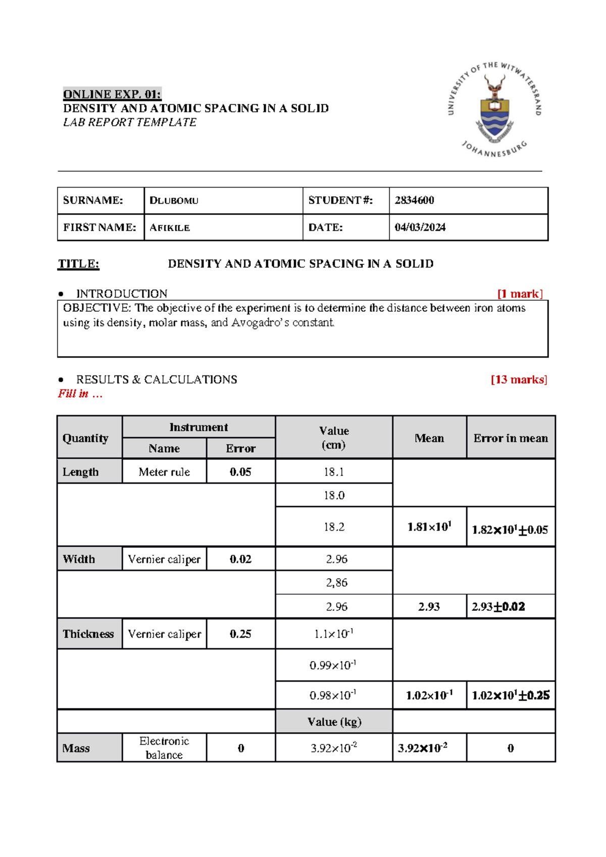 Online Exp01 - Density ^LL0 Atomic Spacing - Lab Report Template-2 ...