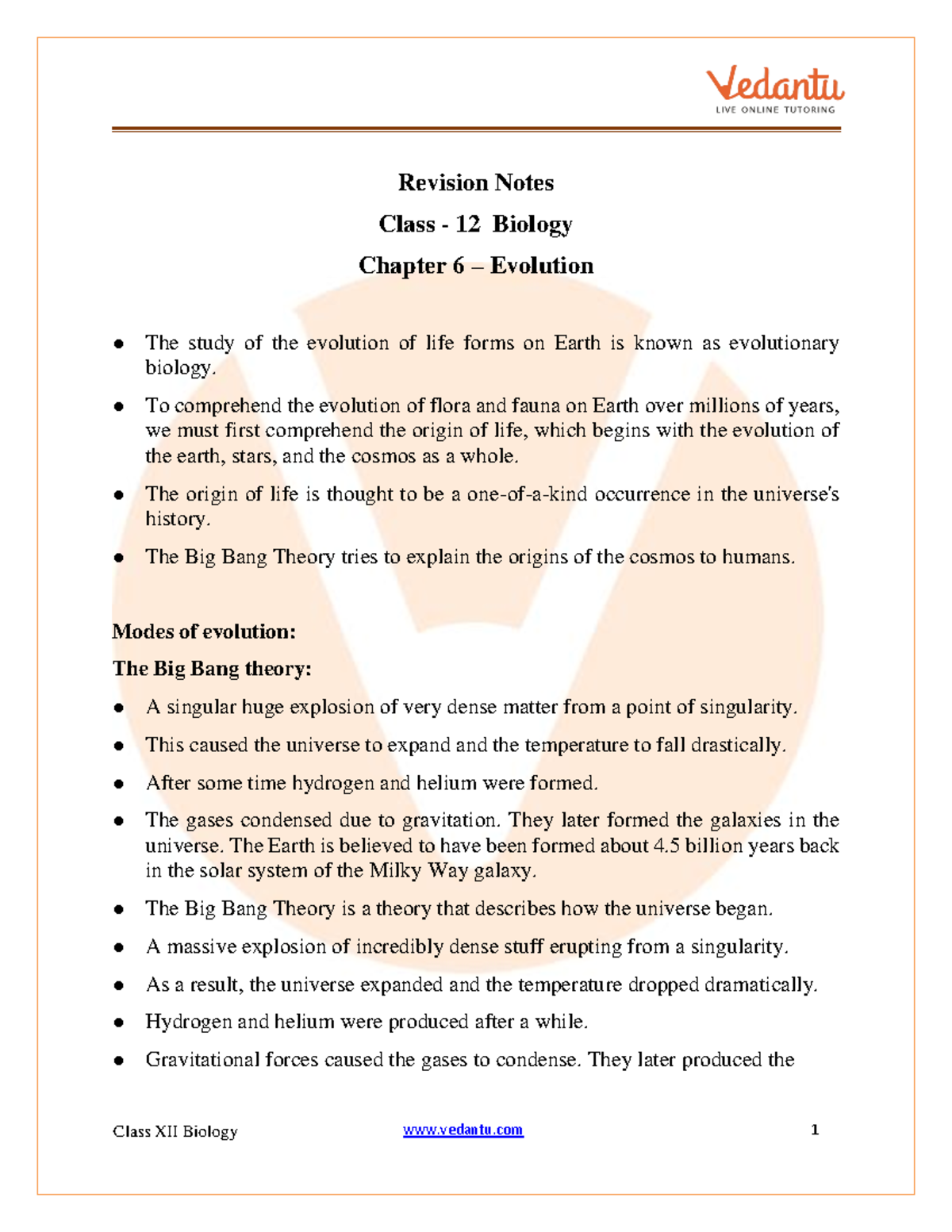 CBSE Class 12 Biology Revision Notes: Chapter 6 - Evolution - Studocu