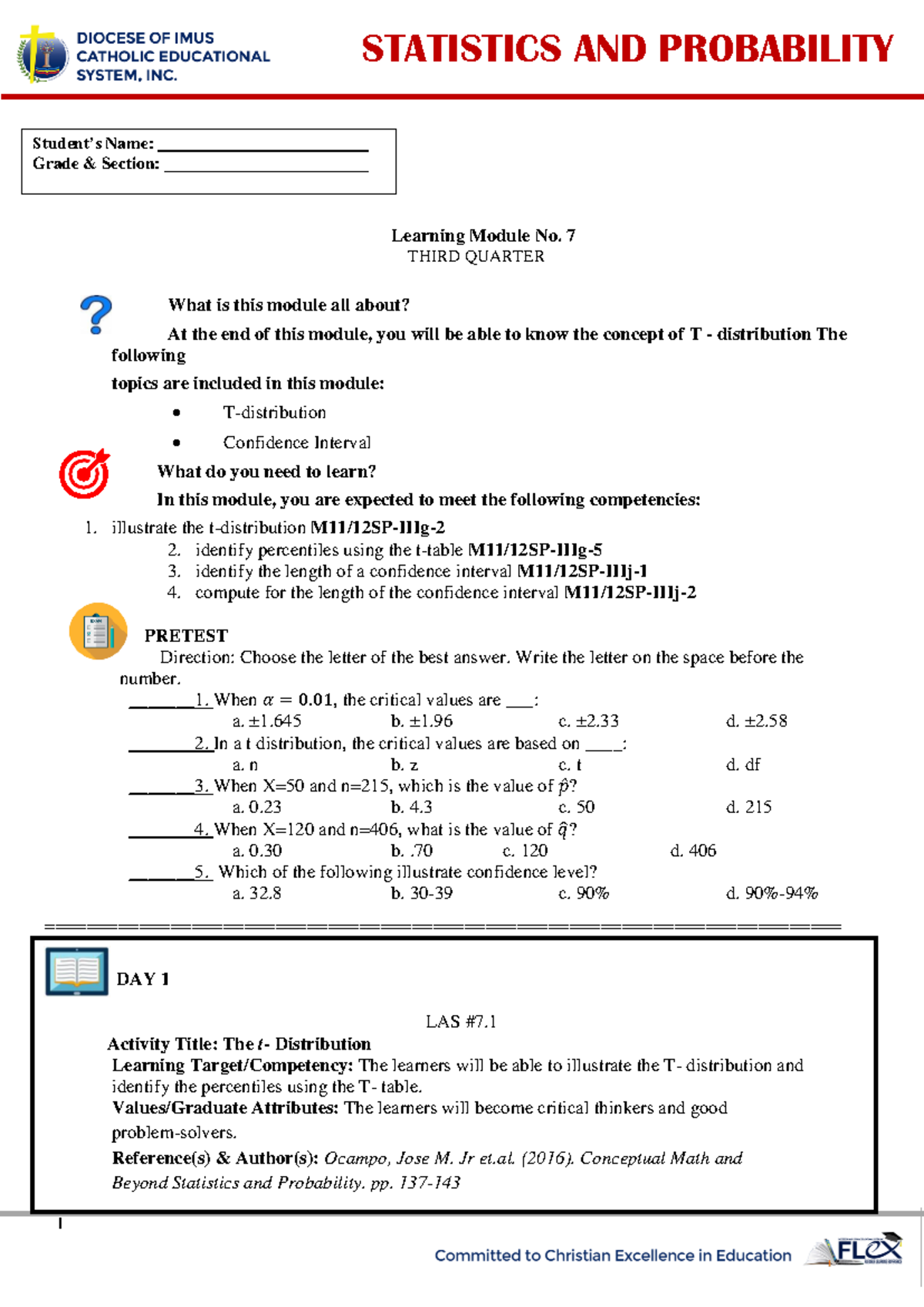 Module 7 Statistics Final - STATISTICS AND PROBABILITY Student’s Name ...
