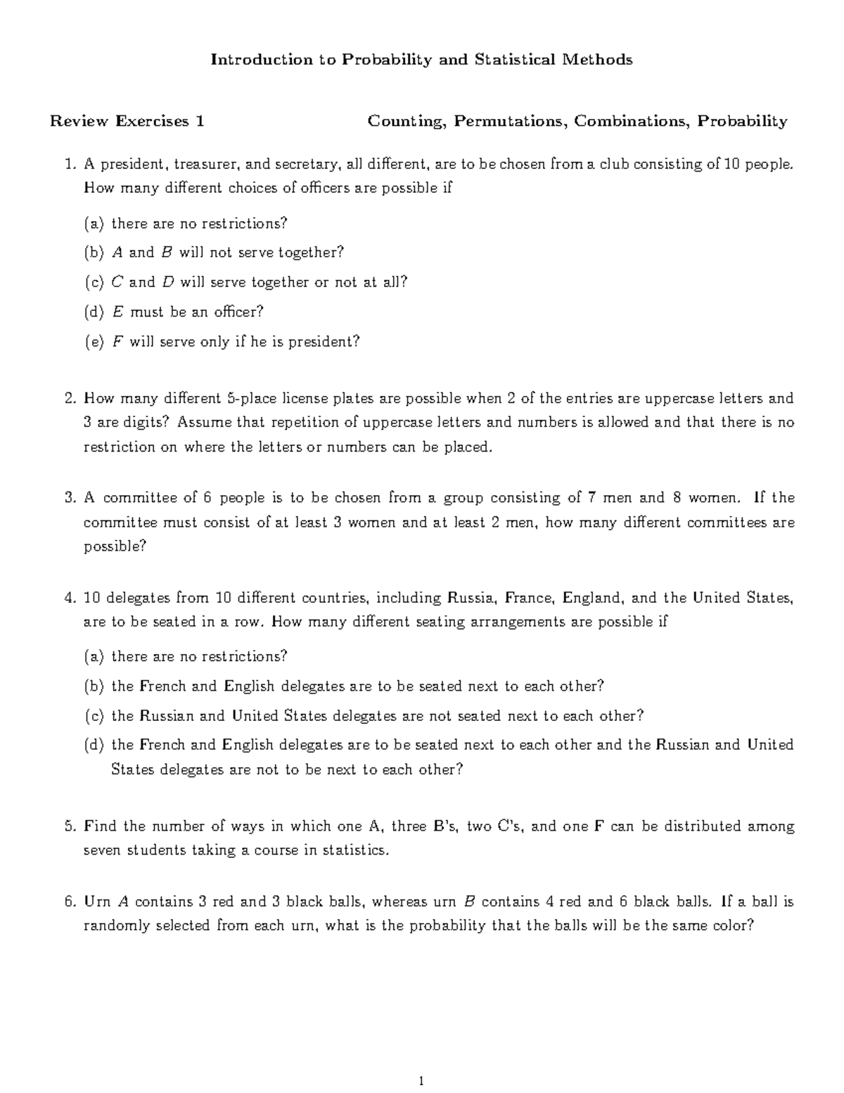 MH1820 Review Exercises: Counting, Probability, and Statistical Methods ...