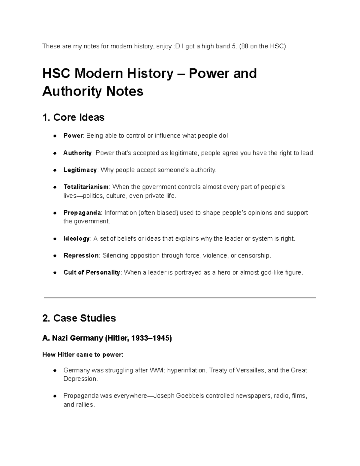 HSC Modern History Notes: Power and Authority Overview - Studocu