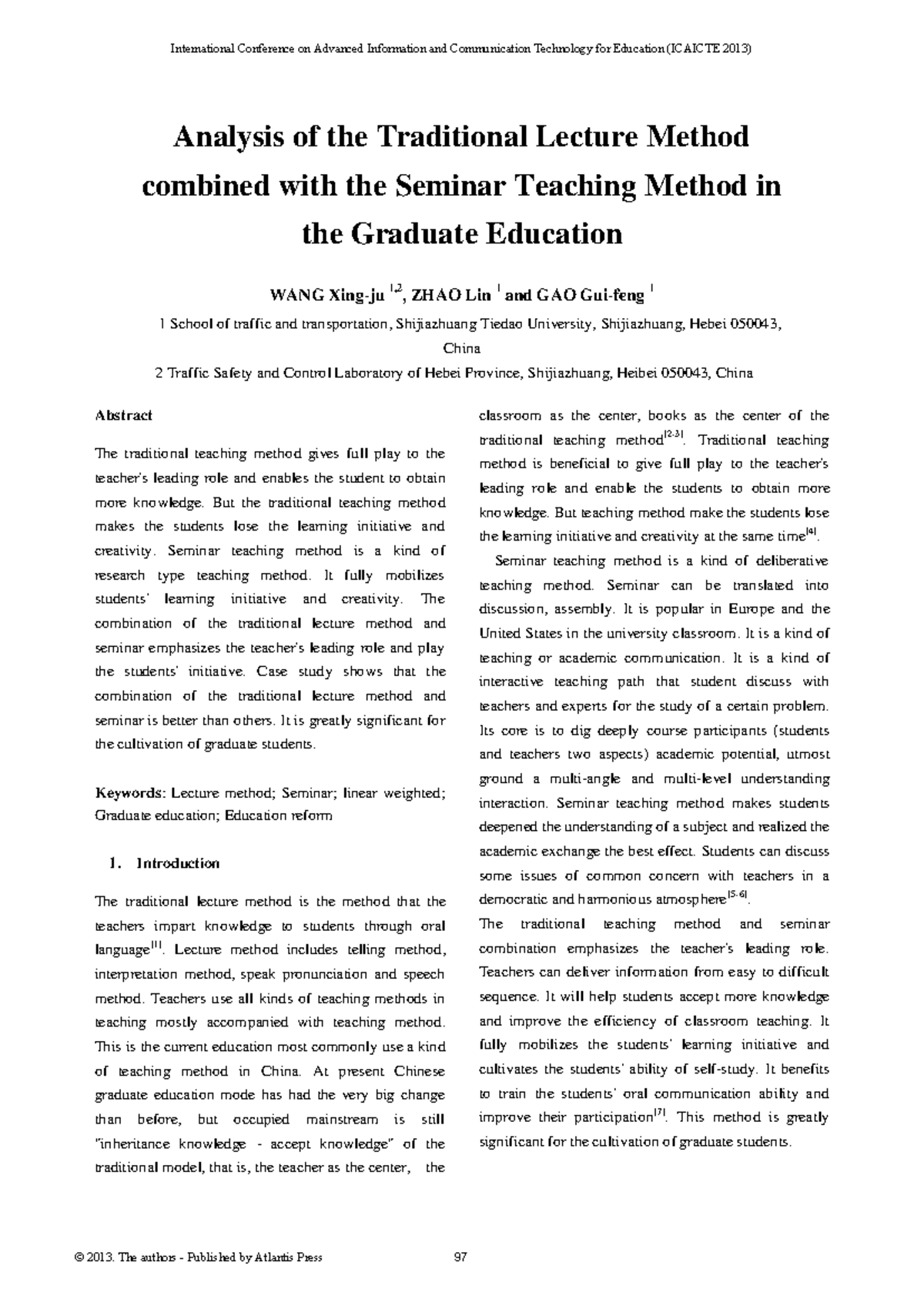 ICAICTE 2013: Analyzing Traditional Lecture & Seminar Methods in Grad ...