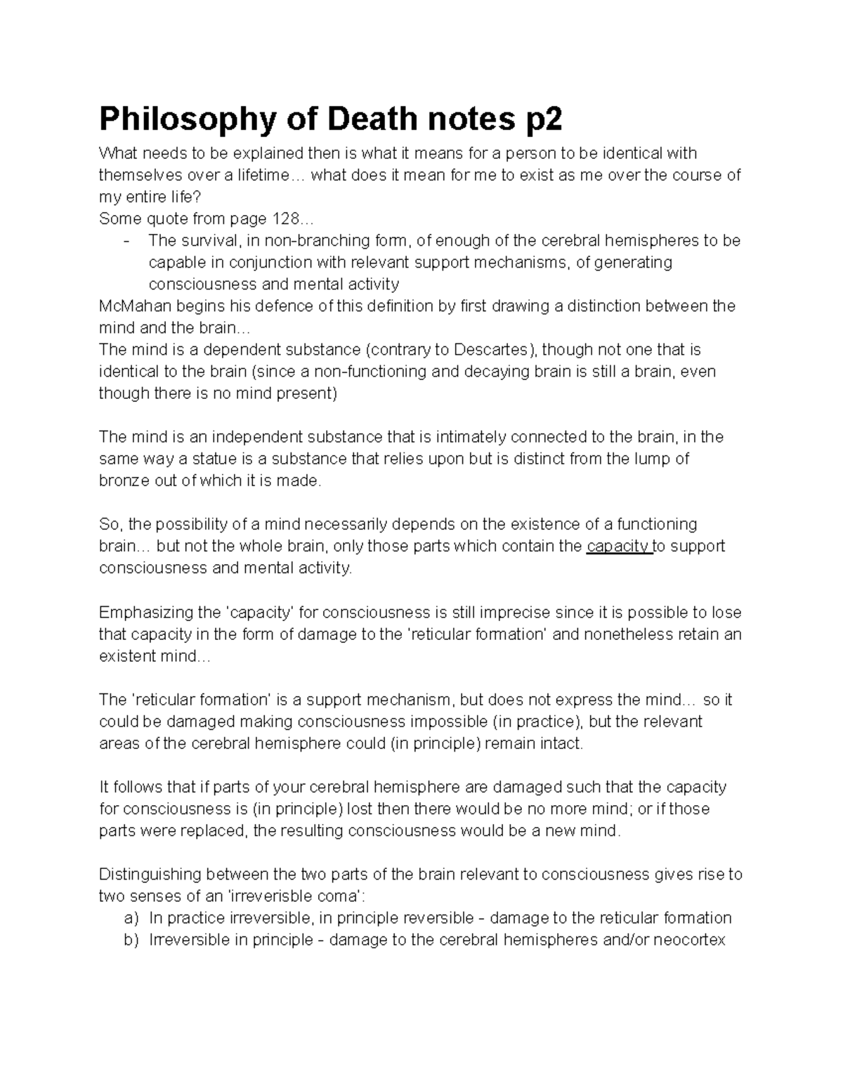 Philosophy of Death Notes P2: Identity, Consciousness, and Mind - Studocu
