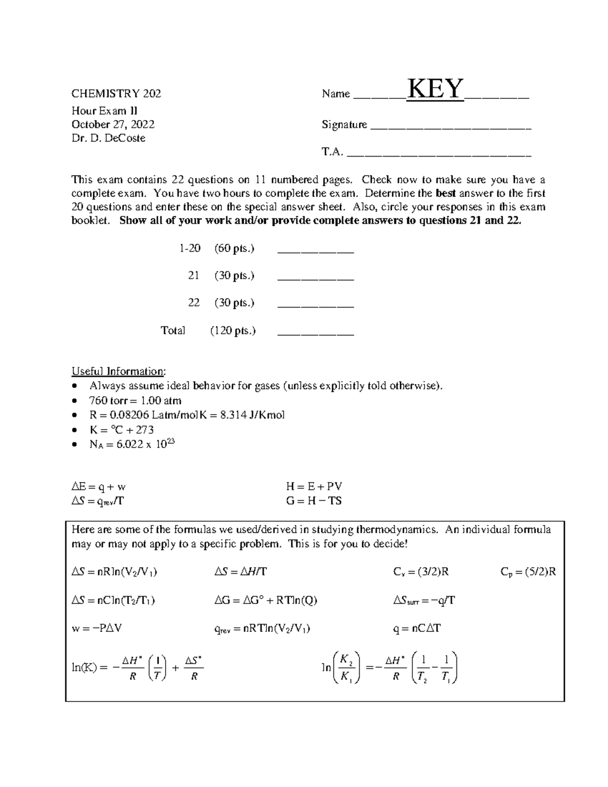 CHEM 202 Midterm Exam II Key - Thermodynamics Solutions F22 - Studocu