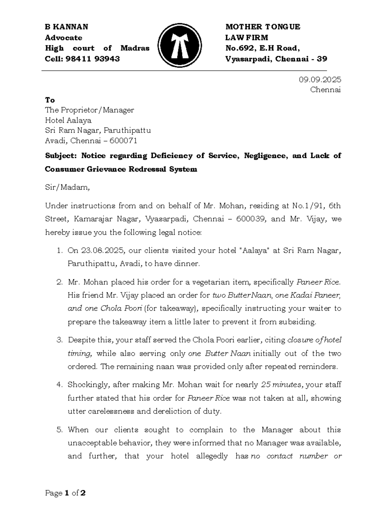 Legal Notice: Deficiency of Service at Aalaya Hotel, Chennai - Studocu