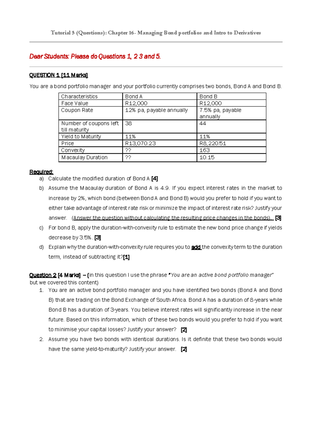 FTX3045 Tutorial 5 Questions Fixed Income and Derivarives - Tutorial 5 ...