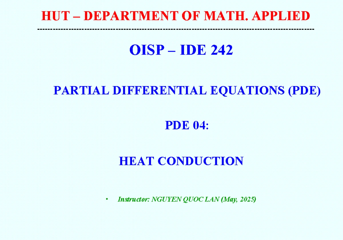 HUT MATH 242 Final Exam: PDE Chapter 4 - Separable Solutions - Studocu