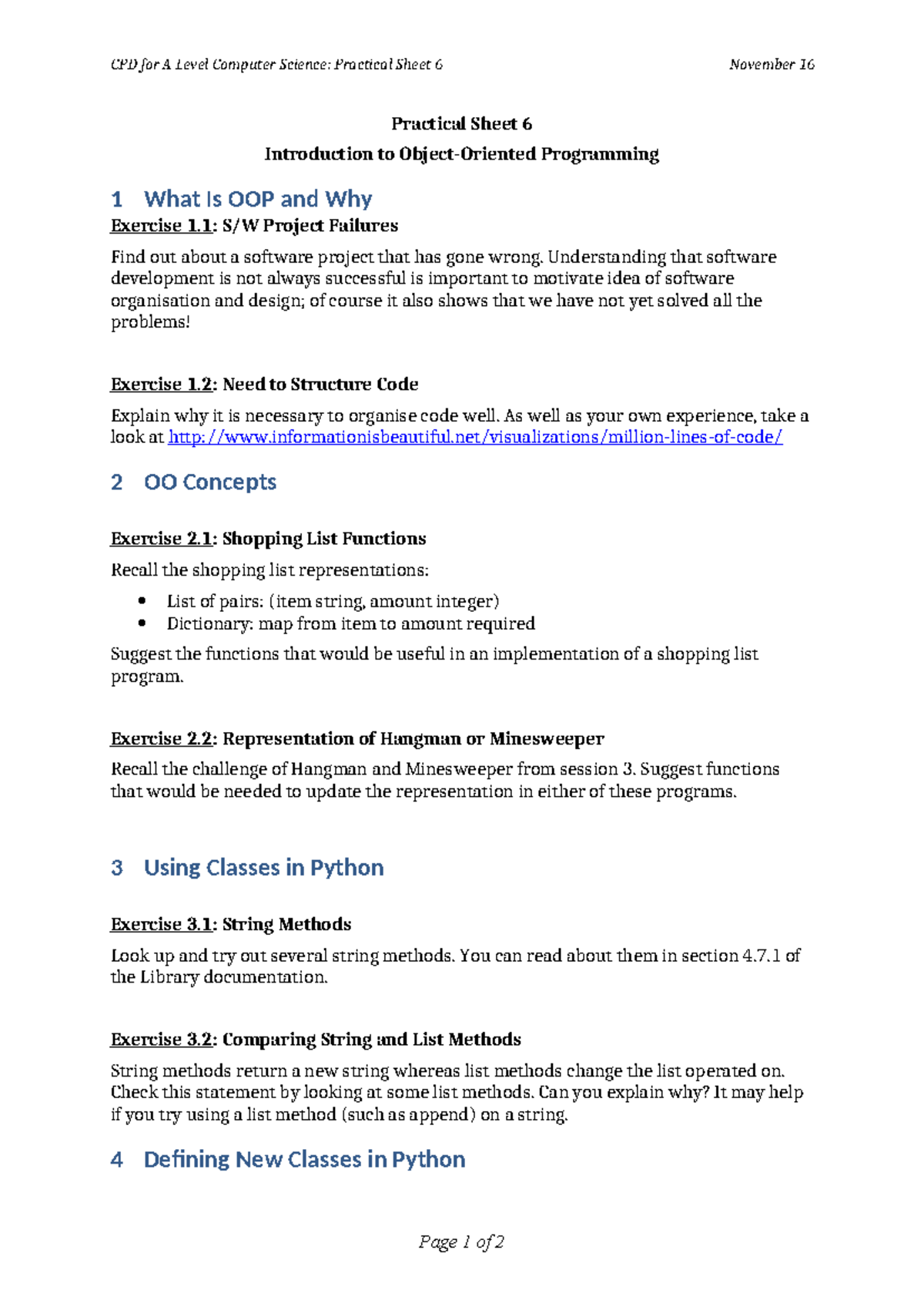 CPD A Level Comp Sci: Practical Sheet 6 - OOP & Python Concepts - Studocu
