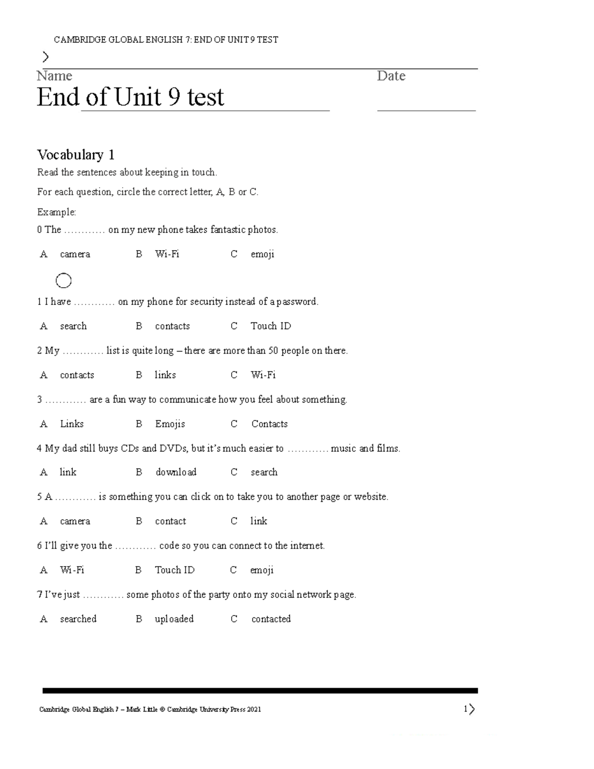 CAMBRIDGE GLOBAL ENGLISH 7: END OF UNIT 9 TEST REVIEW - Studocu