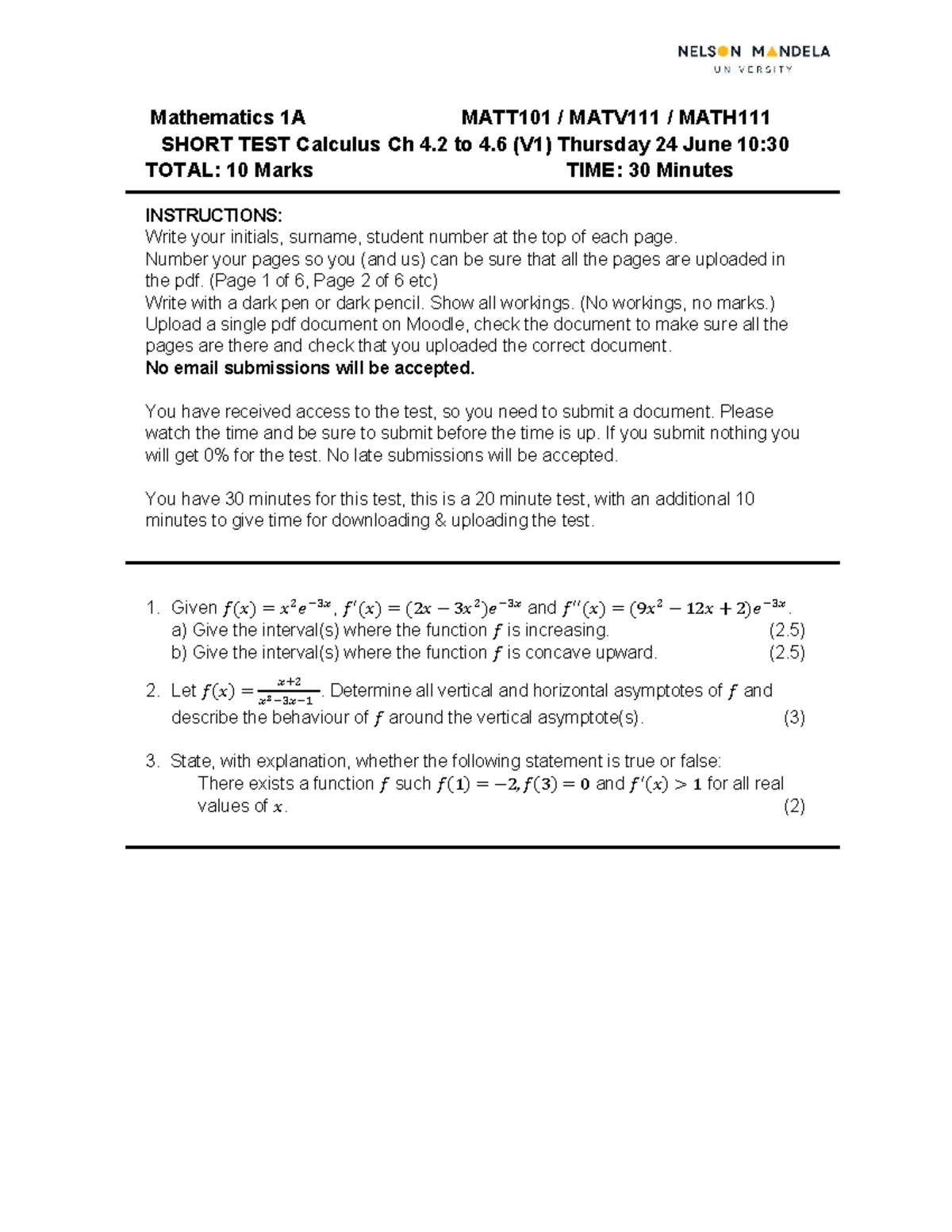 Quantity surveying - Mathematics 1A MATT101 / MATV111 / MATH SHORT TEST ...
