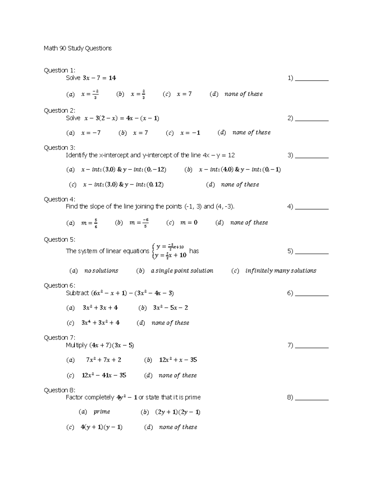 Math 90 Final Exam Study Questions and Answers - Studocu