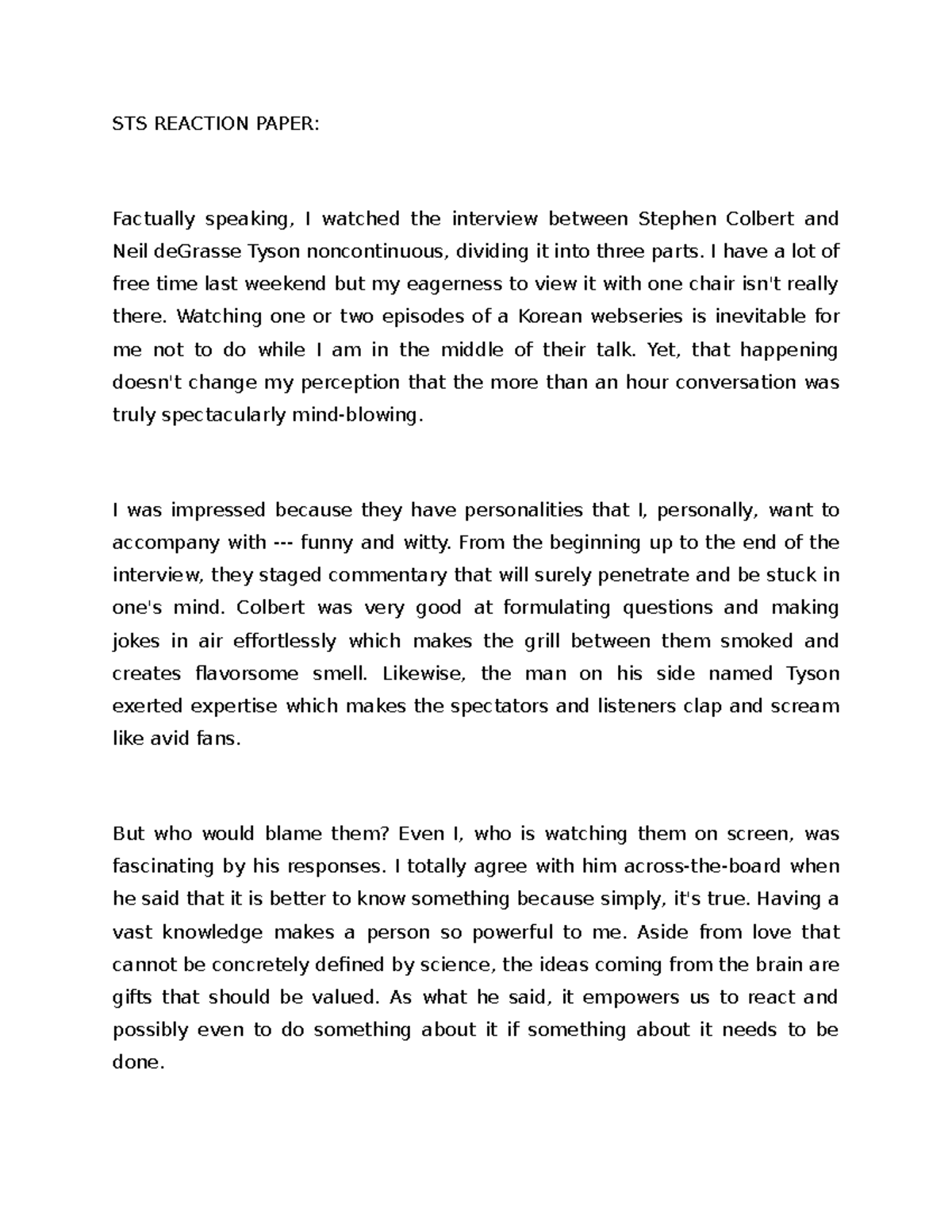 STS Reaction Paper - STS REACTION PAPER: Factually speaking, I watched ...