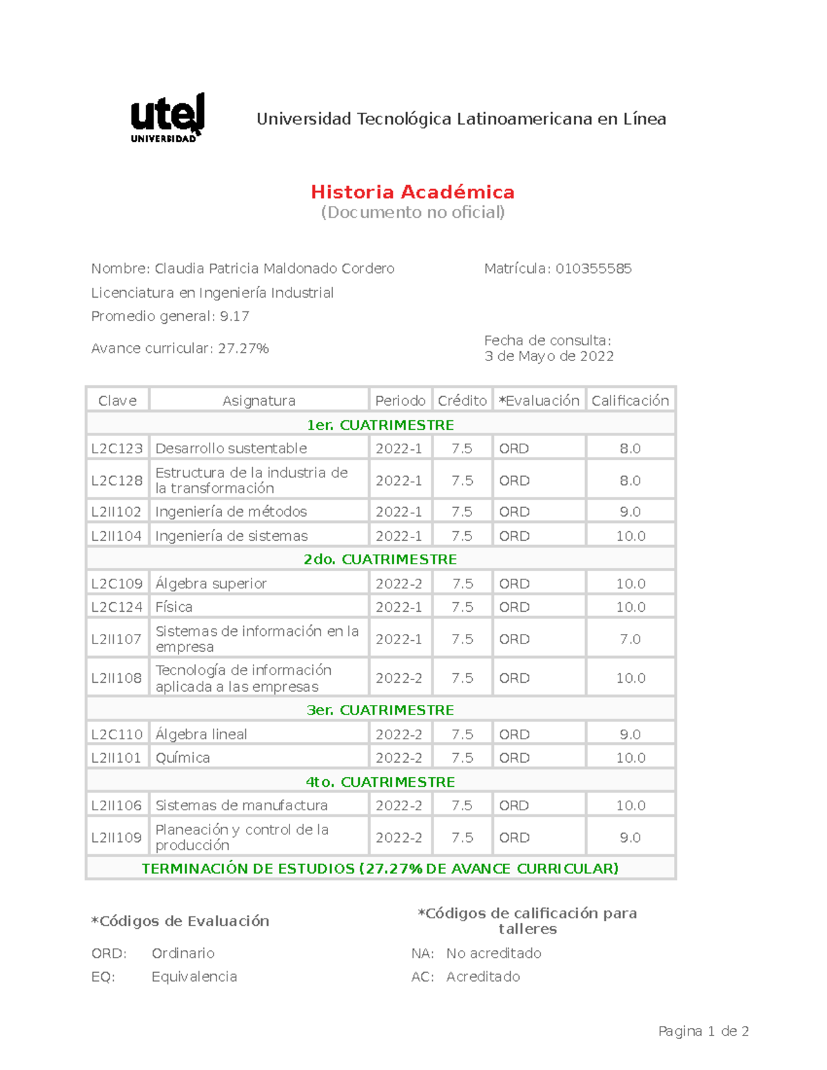Historial Académico - Claudia Maldonado - Matrícula 010355585 - Document Preview