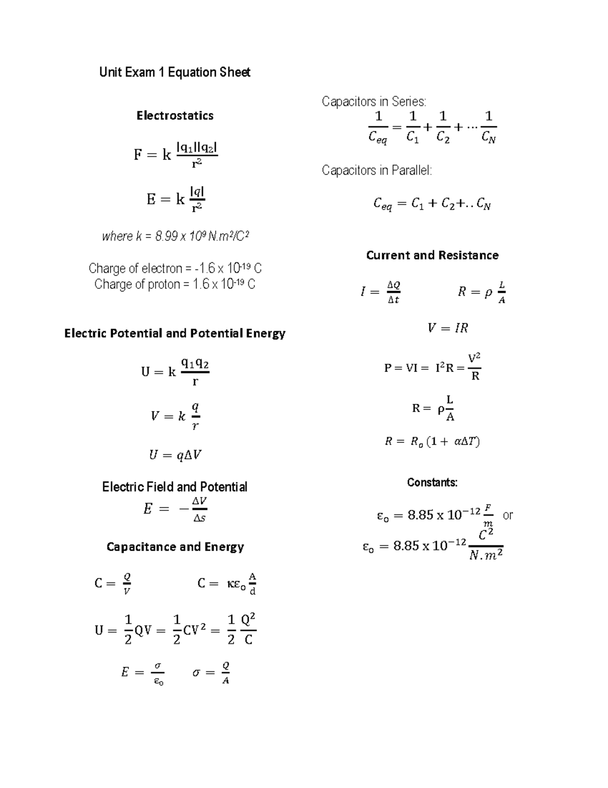 1402 Unit Exam 1 & 2 Equation Sheet: Capacitors & Electrostatics - Studocu