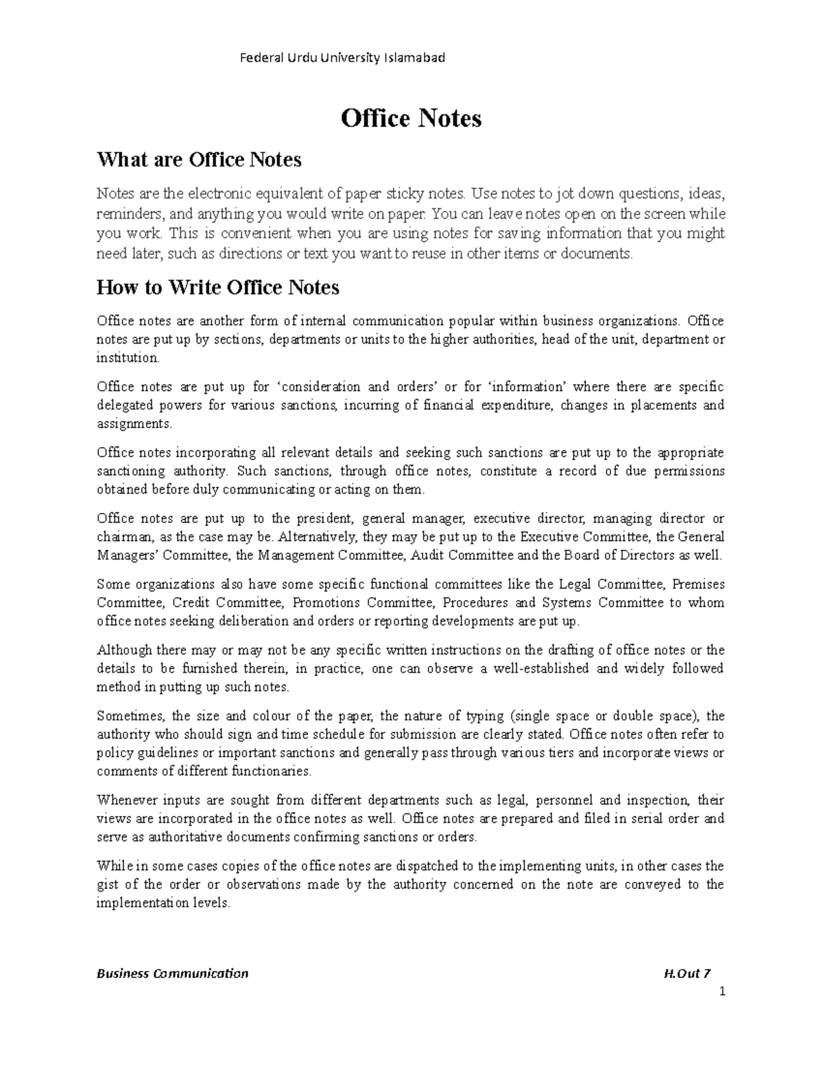 Office Notes Overview and Writing Techniques - Bus Comm H.Out 7 - Studocu