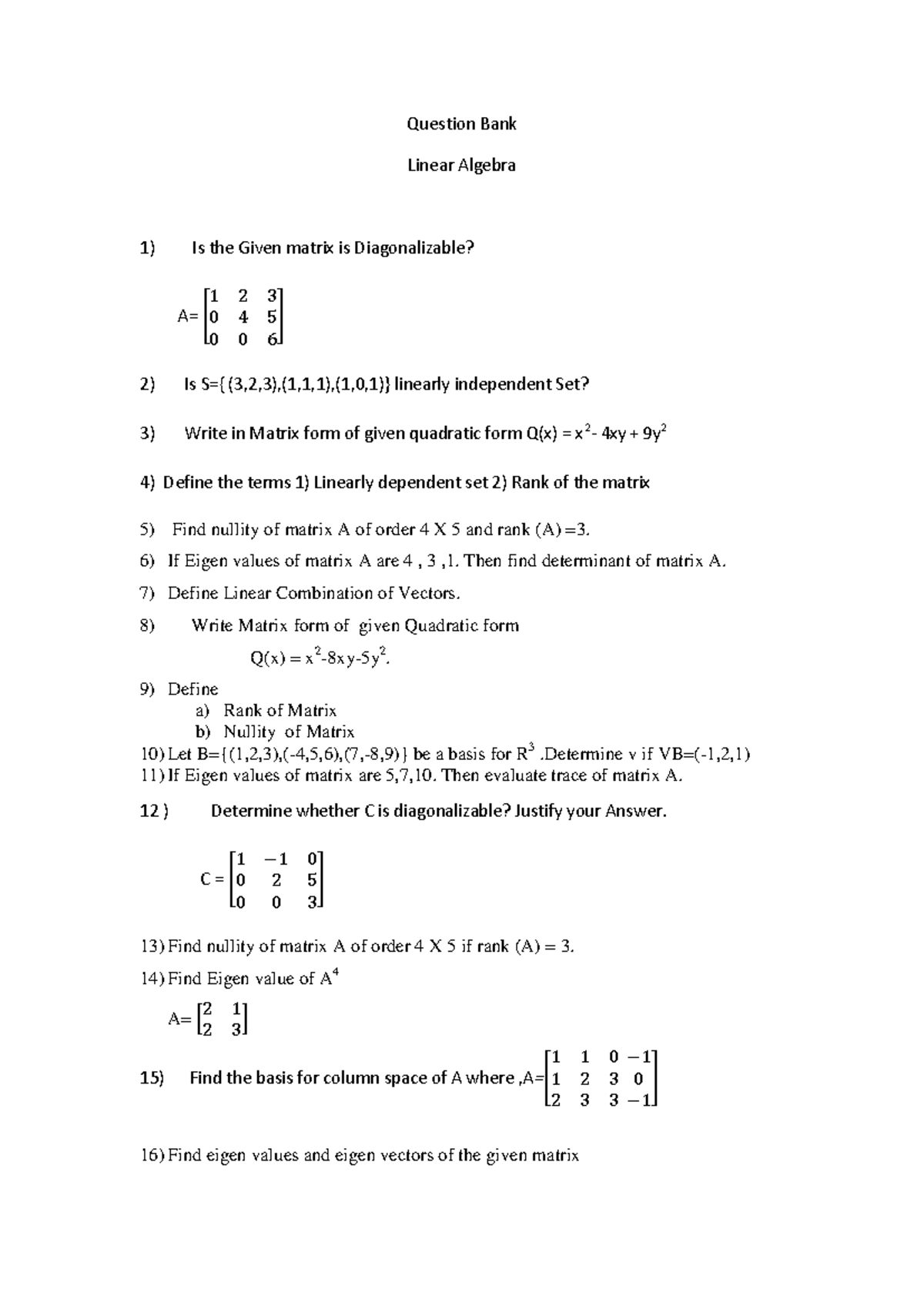 Linear Algebra Question Bank: Diagonalization, Eigenvalues & More - Studocu