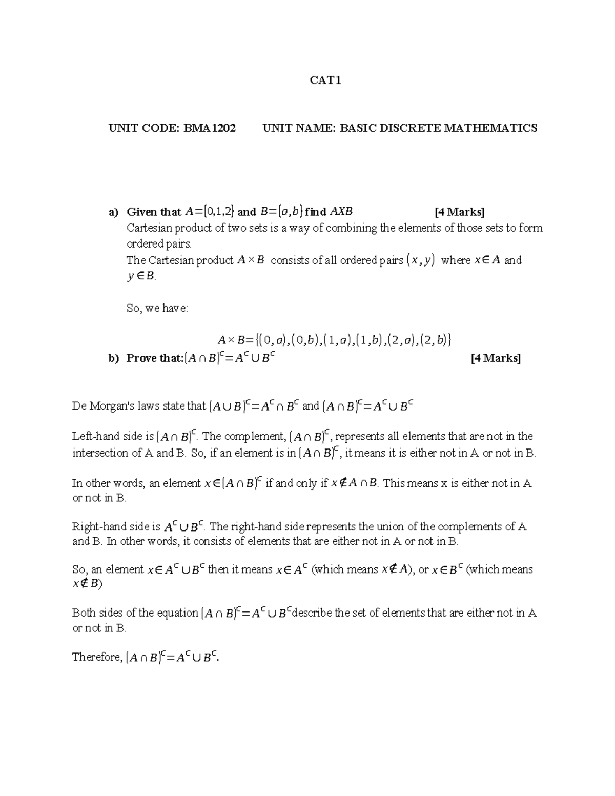 BMA1202 CAT1: Basic Discrete Mathematics Concepts and Problems - Studocu