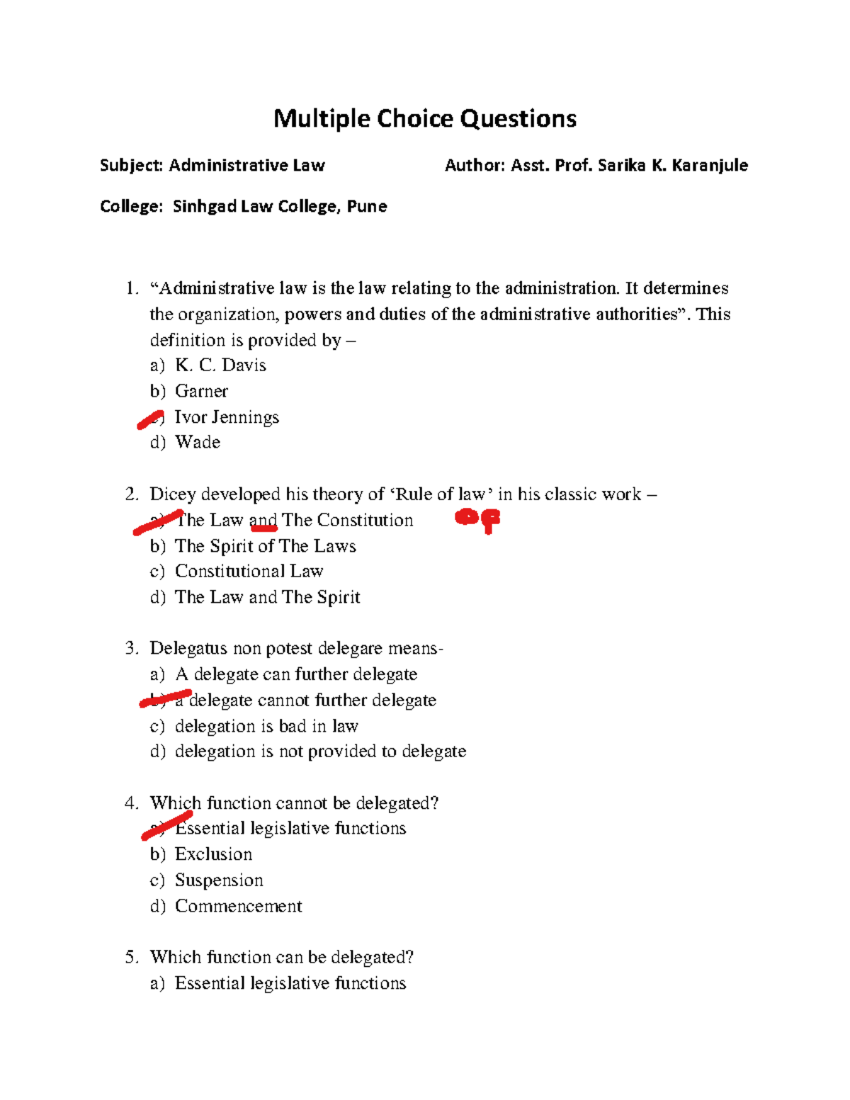 MCQs for Admin LAW (Course Code: 101) - Practice Questions - Studocu
