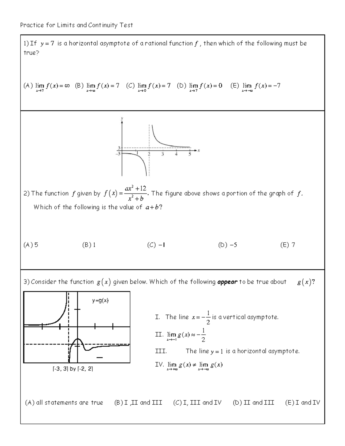 Day 7 Practice for Limits and Continuity Test - [- 3 , 3 ] by [- 2 , 2 ...