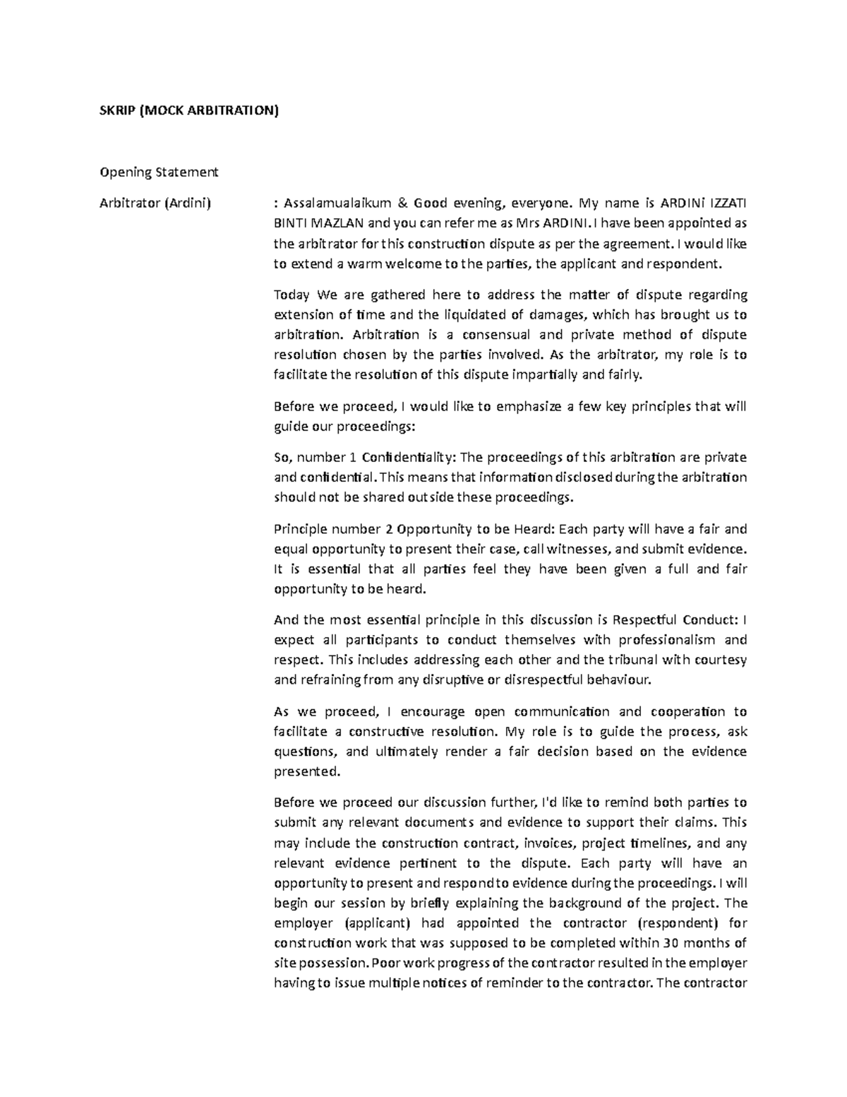 MOCK Arbitration Script: Construction Dispute Resolution Session - Studocu