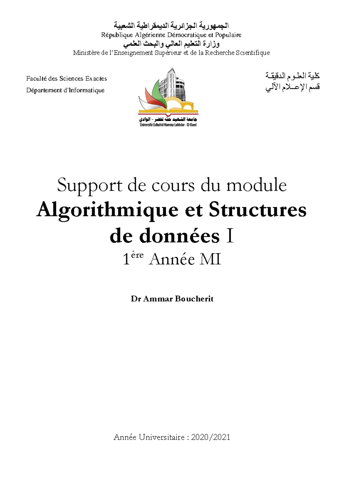Support de Cours : Algorithmique et Structures de Données I - 1ère ...
