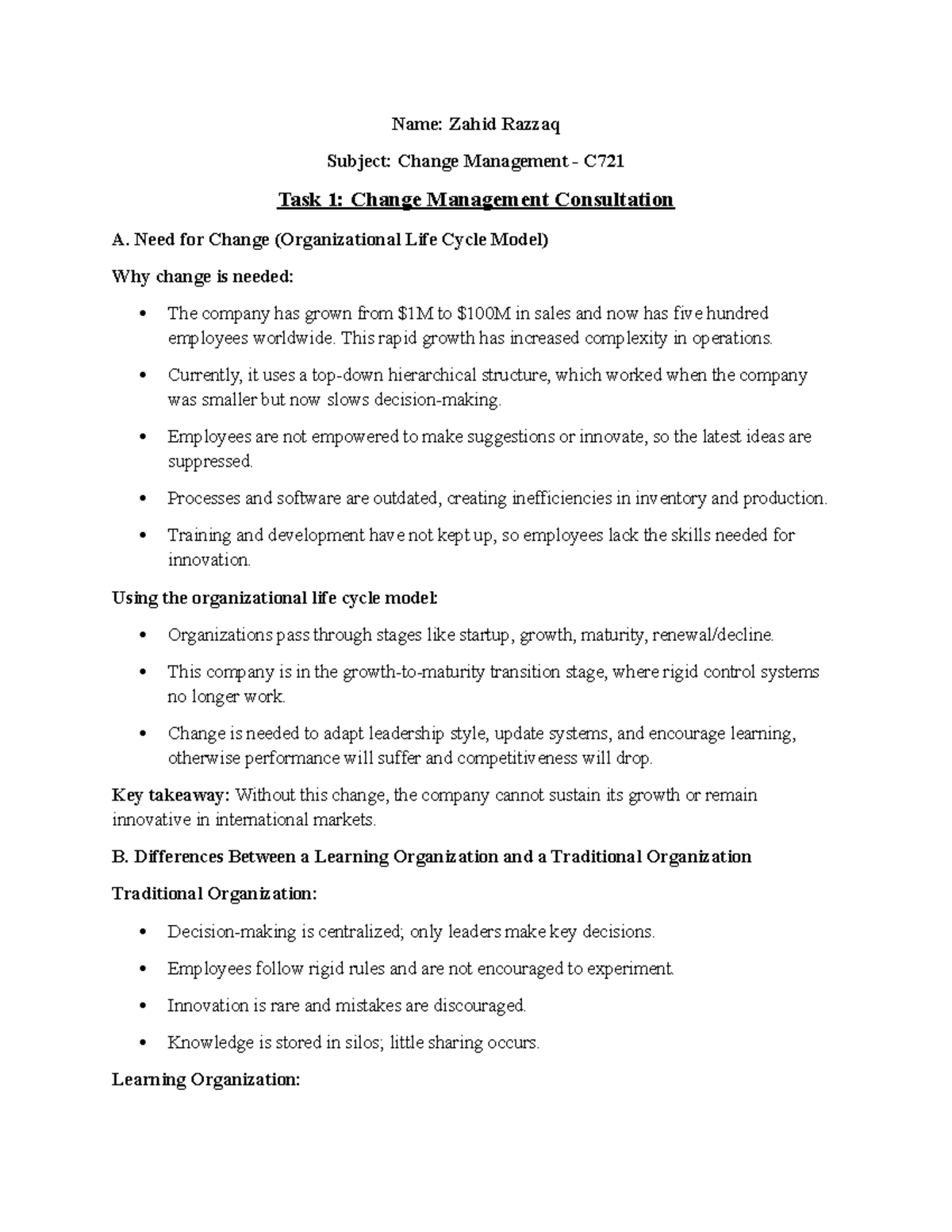 Change Management Consultation: Task 1 - C721 Analysis and Strategies ...