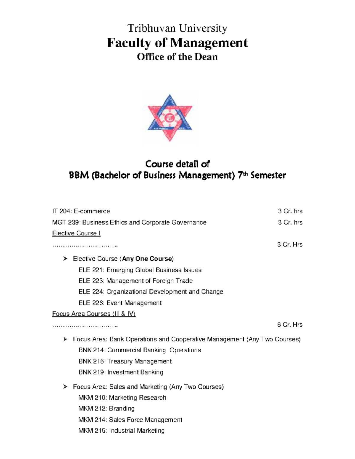 BBM 7th Semester Course Syllabus 2025: Comprehensive Overview - Studocu