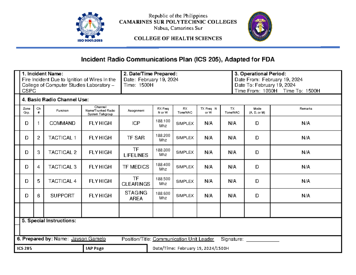 ICS-205 Incident Radio Communication Plan for Fire Incident - Gamelo ...