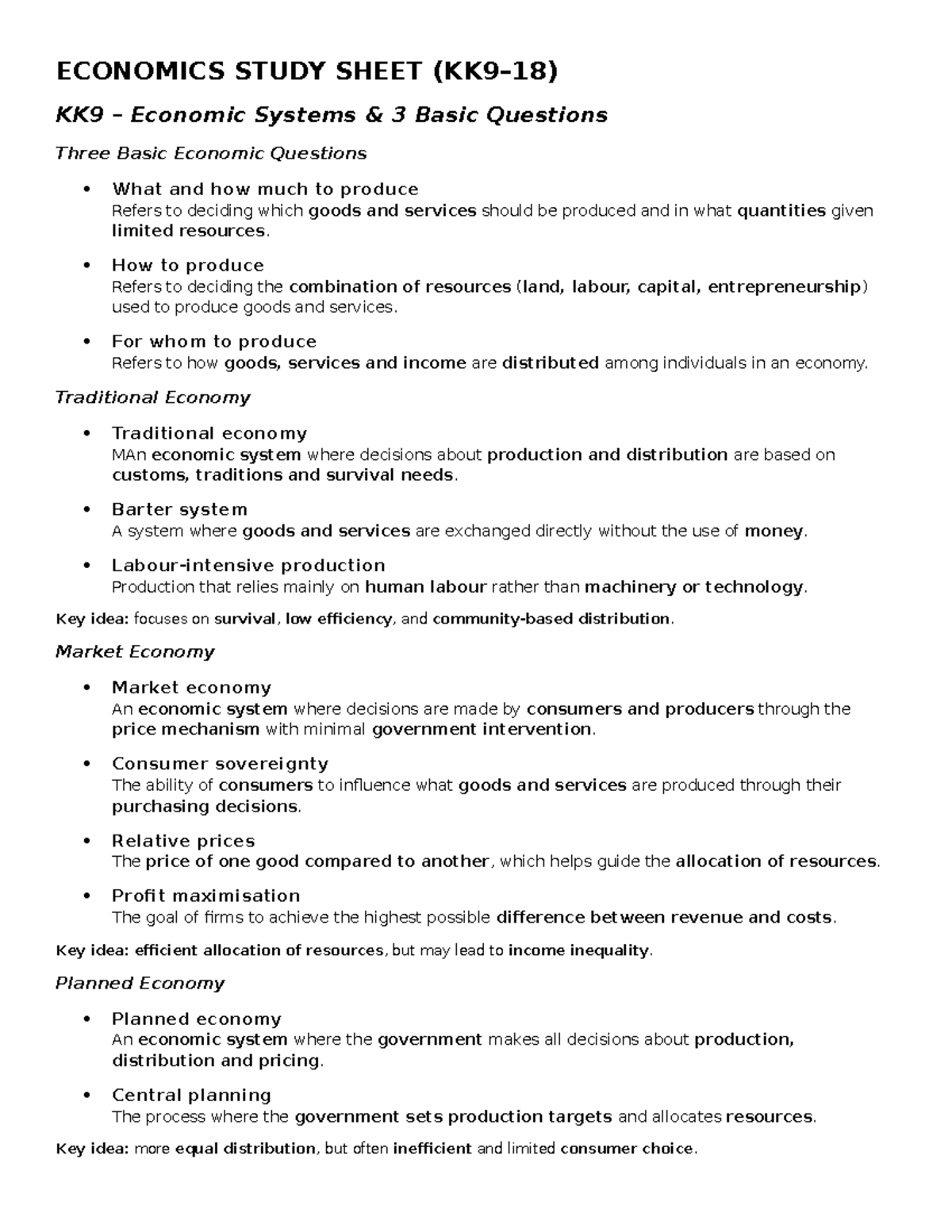 Economics Study Sheet (KK9) - Economic Systems & Key Concepts - Studocu