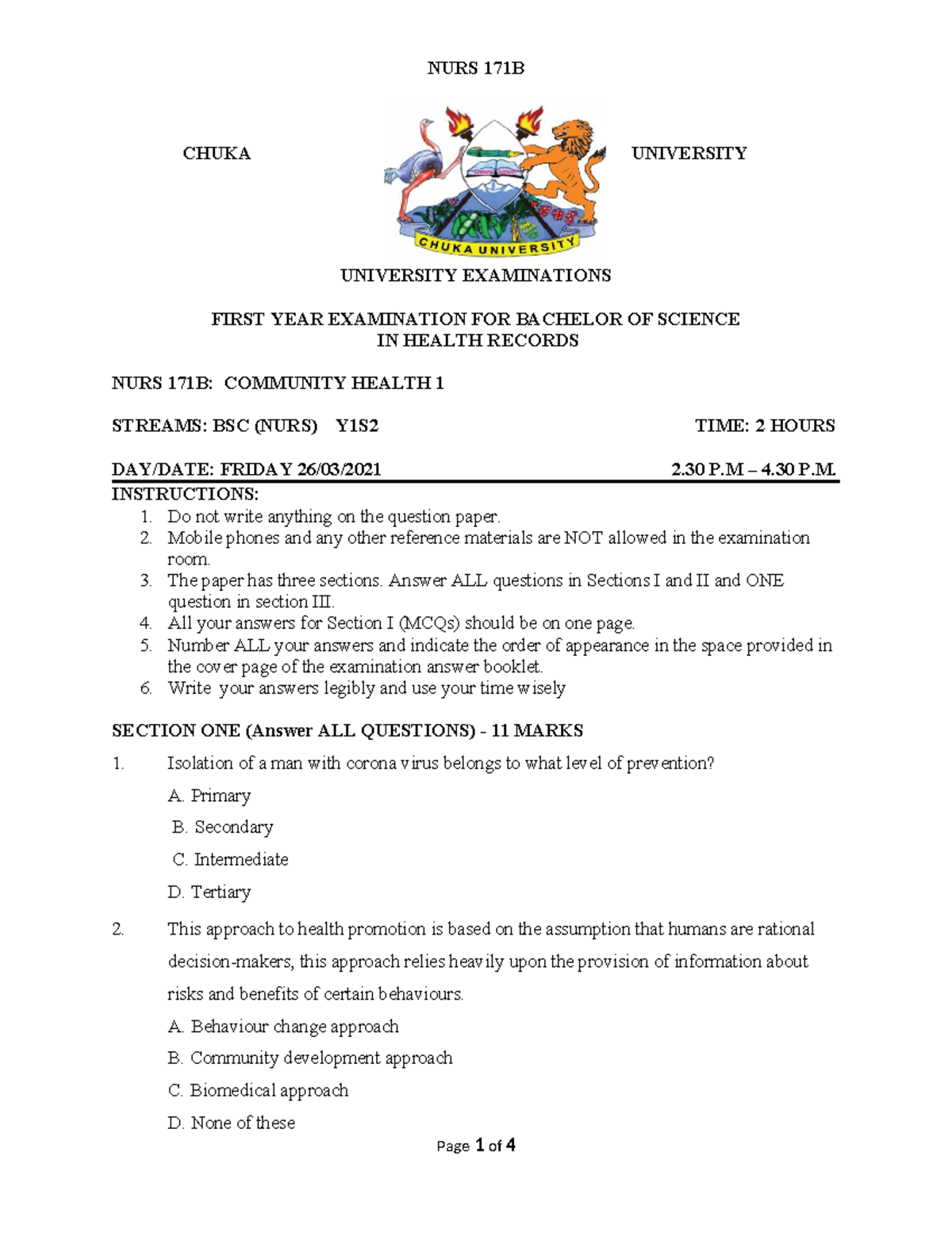 NURS 171B - Community Health 1 Exam Questions and Guidelines - Studocu