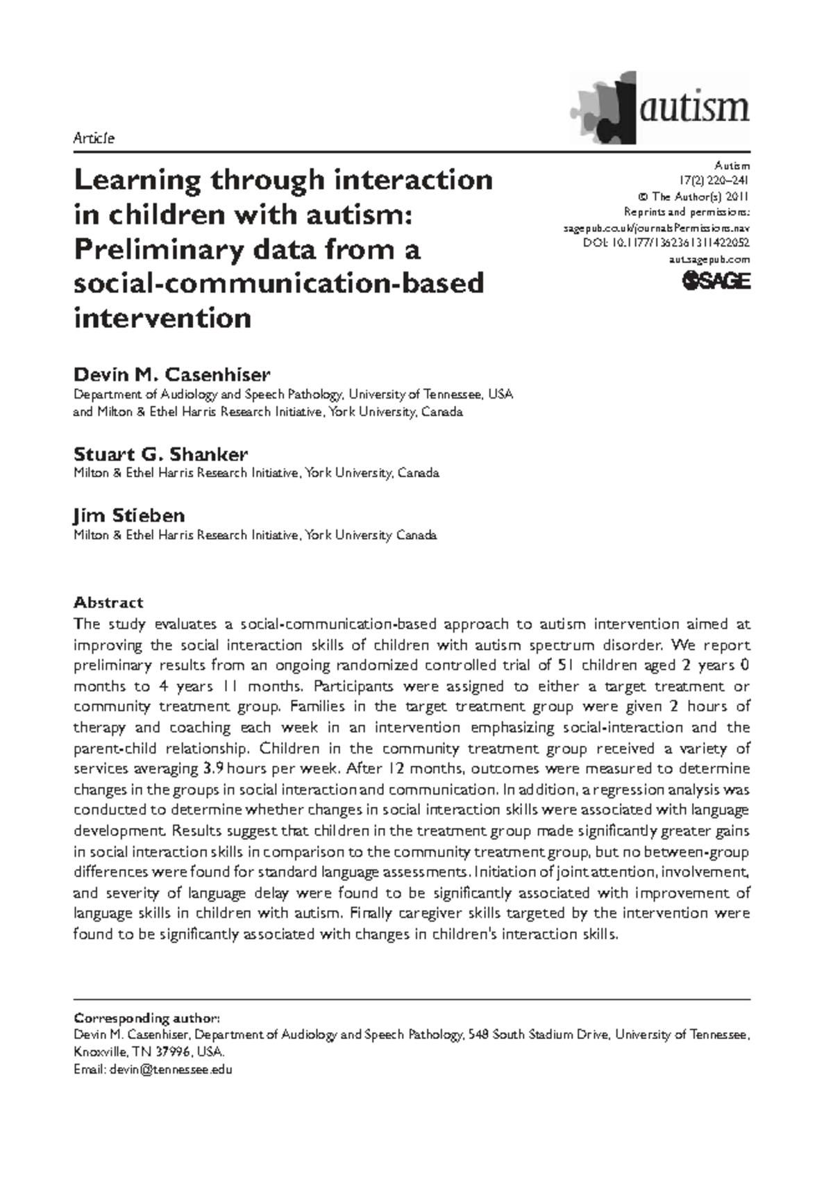 Learning through Interaction in Children with Autism: MEHRIT Program ...