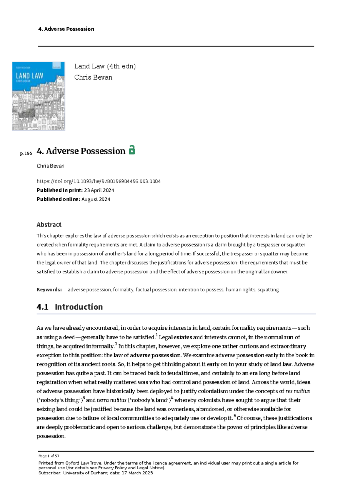 Adverse Possession in Land Law: Insights from Bevan's 4th Edition - Studocu