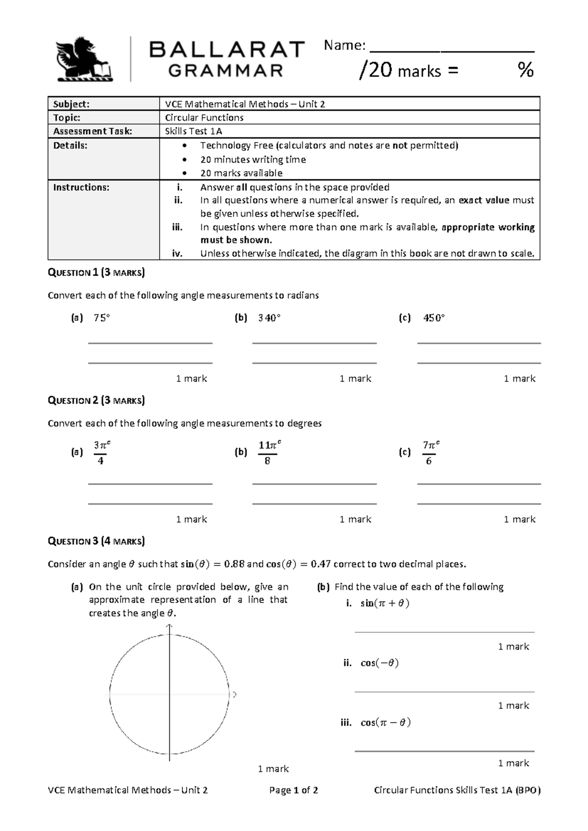 VCE Mathematical Methods Unit 2 Circular Functions Skills Test 1A - Studocu