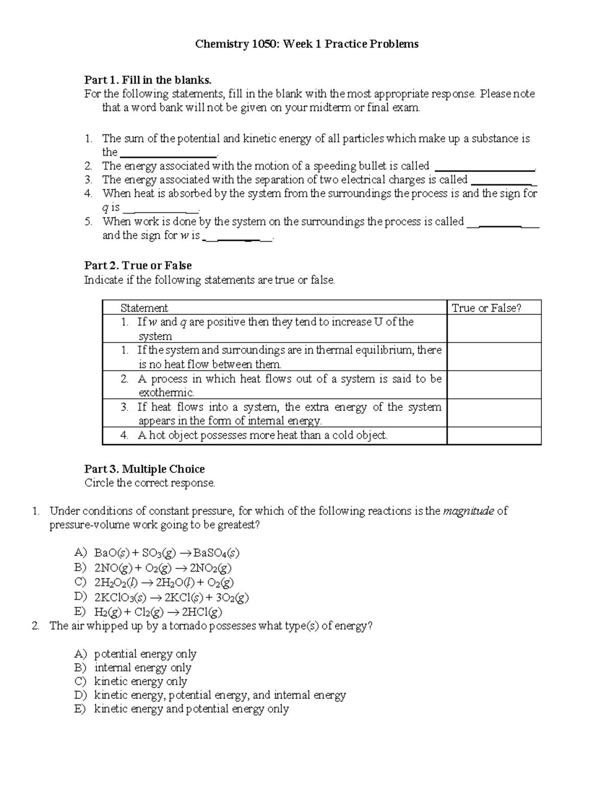 Week 1 Practice Problems - Chemistry 1050: Week 1 Practice Problems ...