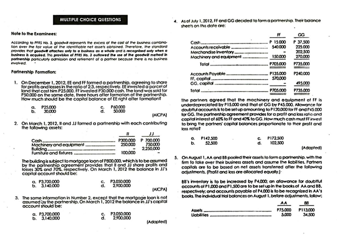 Partnership Formation and Operations: Problem Sets (ACCT 101) - Studocu