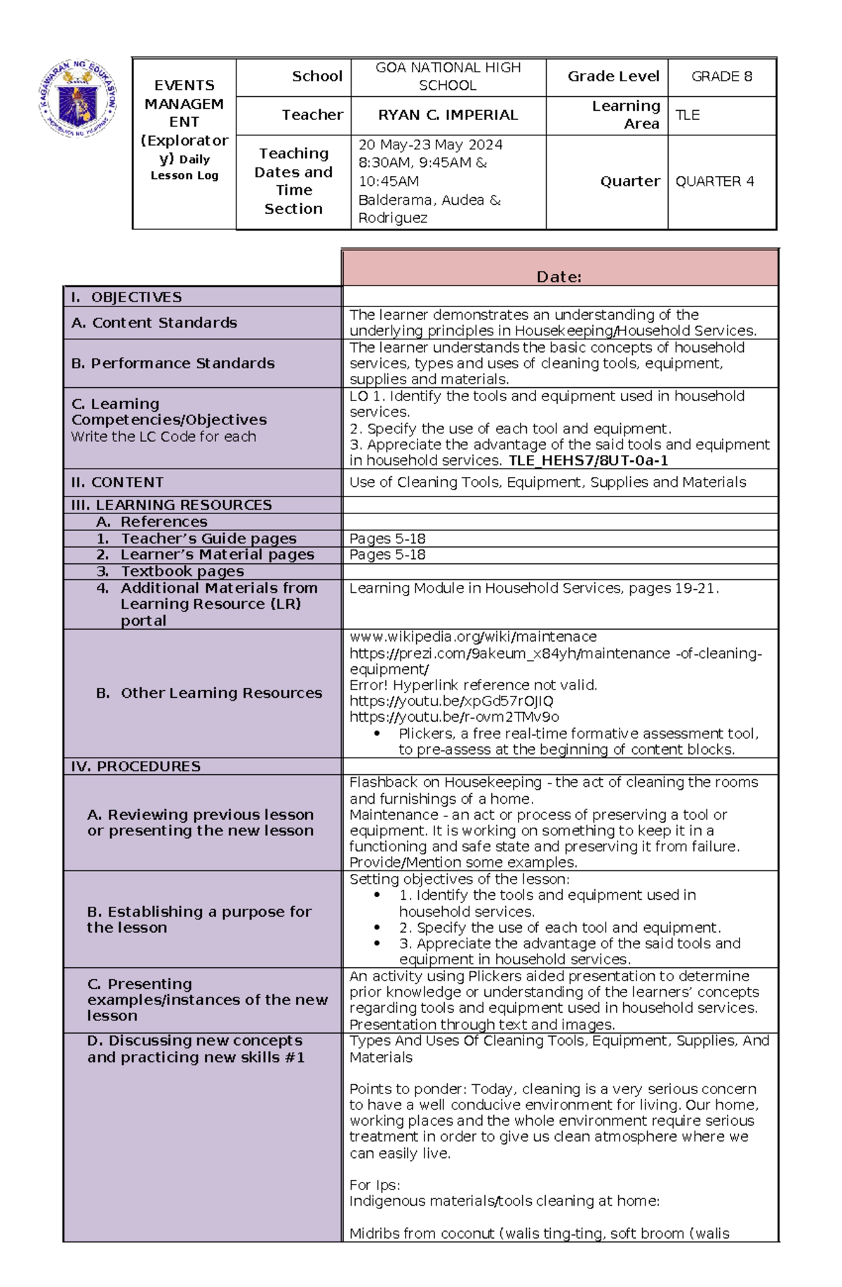 Lesson Log for DLL in Household Services M1 L1 (Grade 8) - Studocu
