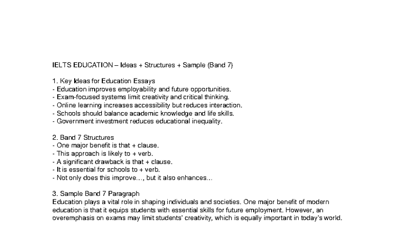 IELTS EDUCATION Ideas & Structures for Band 7 Essays - Studocu