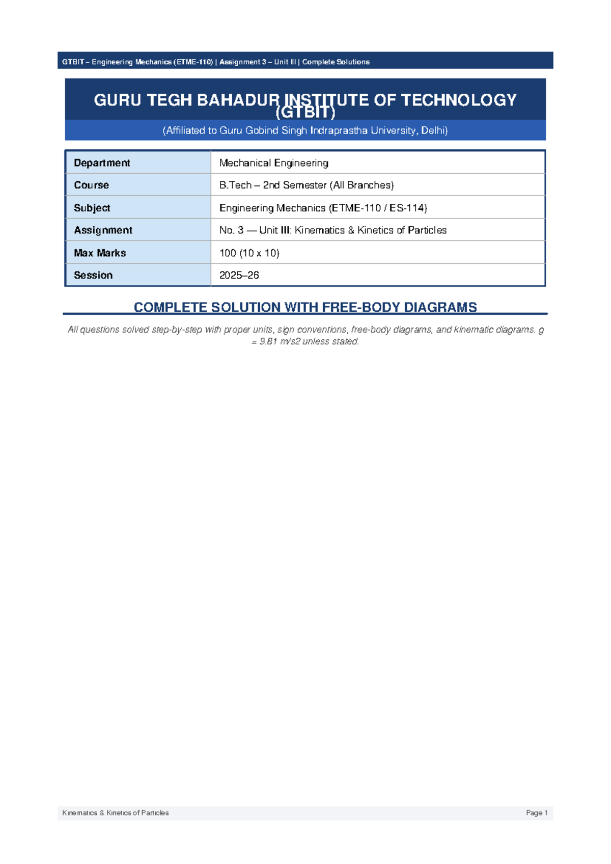 GTBIT B.Tech 2nd Sem Engineering Mechanics Assignment 3 Solutions - Studocu