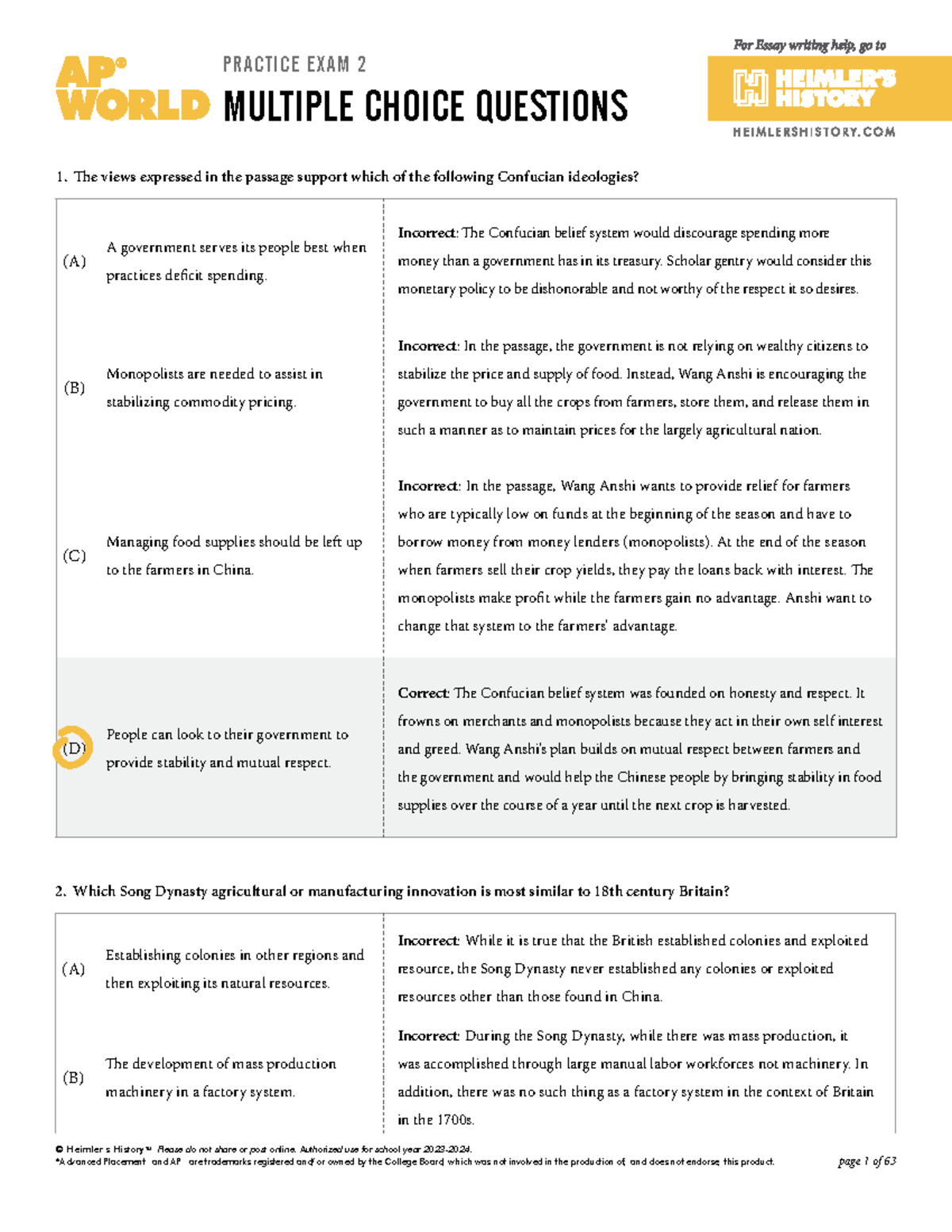 AP WORLD HISTORY PRACTICE EXAM 2 MULTIPLE CHOICE QUESTIONS AND ANSWERS ...