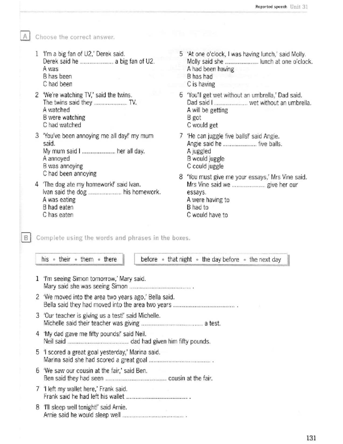 RS1 - Reported Speech Practice Exercises and Examples - Studocu