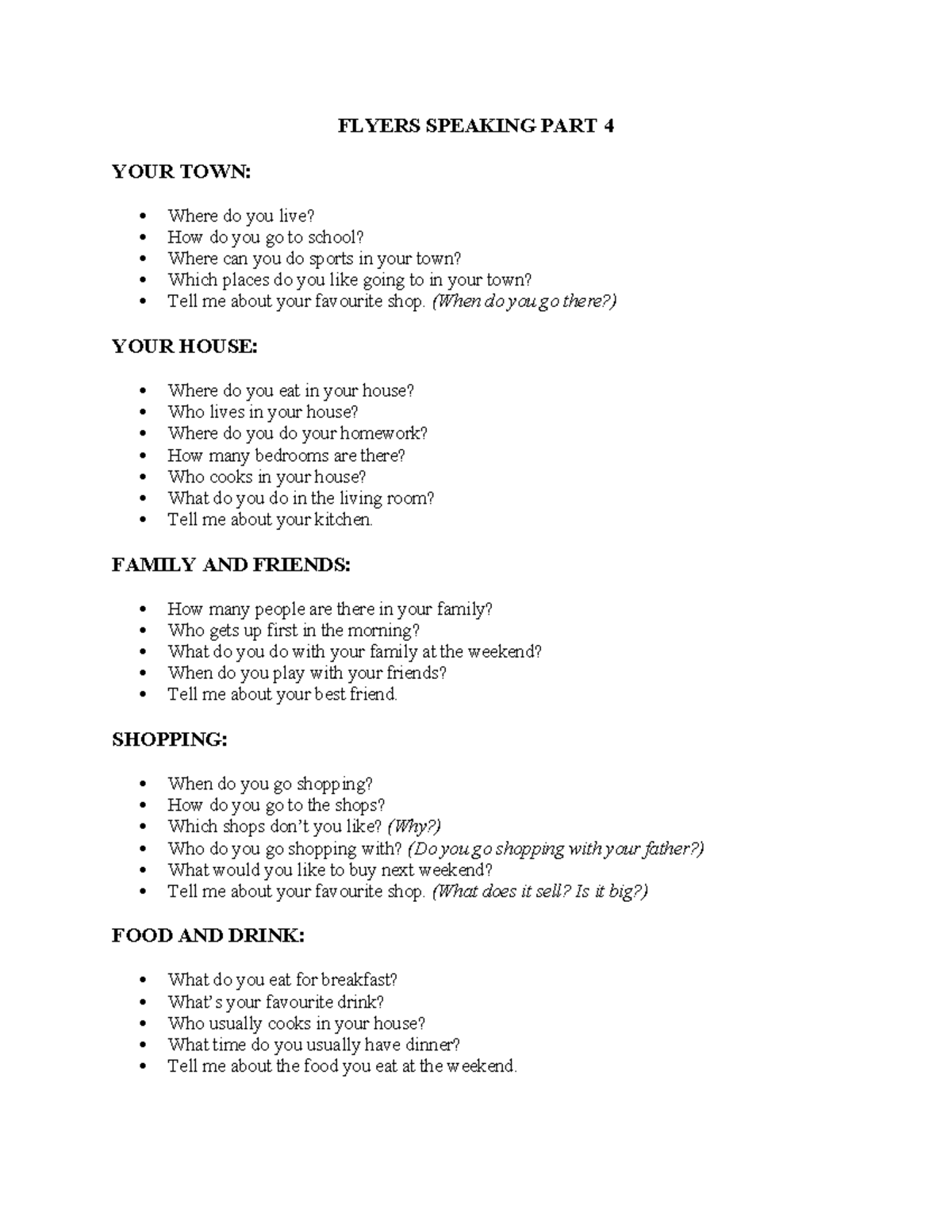 Flyers Speaking Part 4: Discussing Your Town, Home, Family, and ...