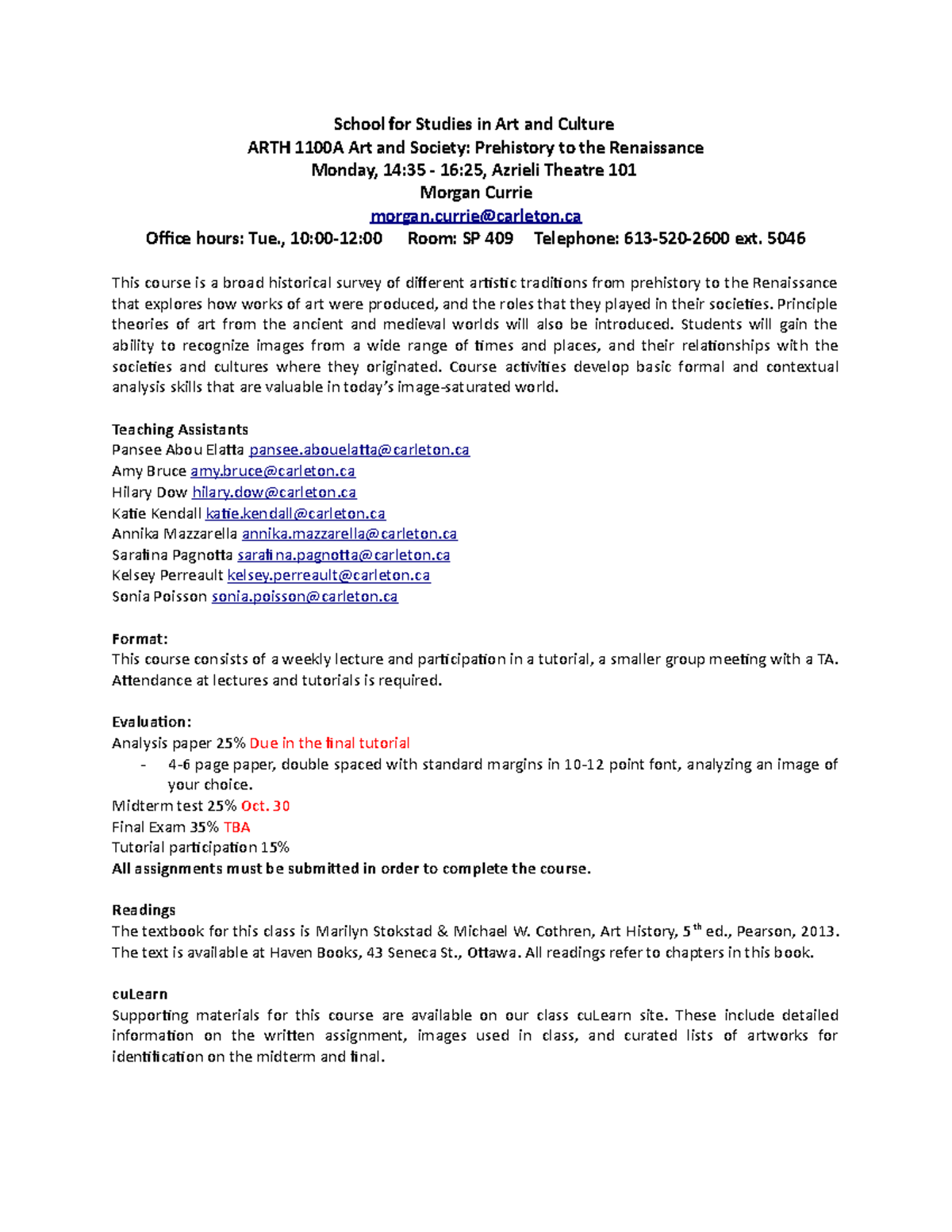 ARTH 1100 Syllabus - COURSE OUTLINE School for Studies in Art and ...