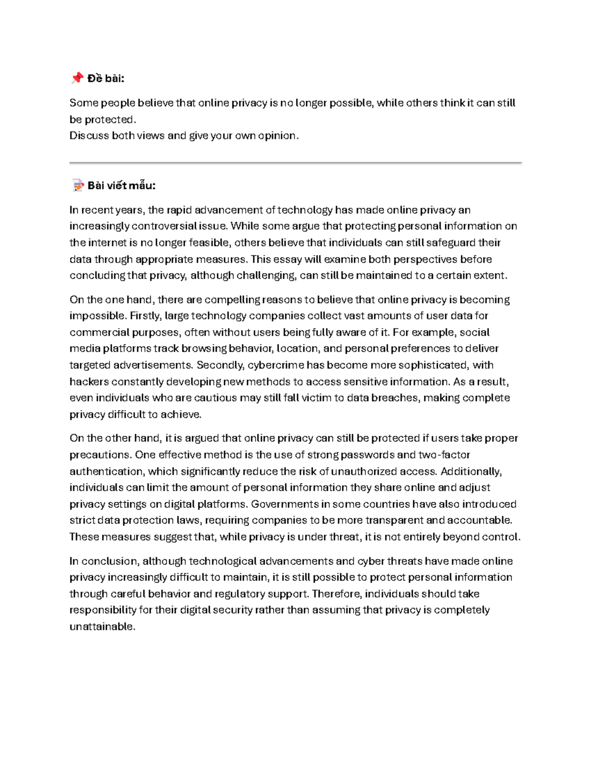 Đề bài: Online Privacy: Is It Still Possible? - English Writing for ...