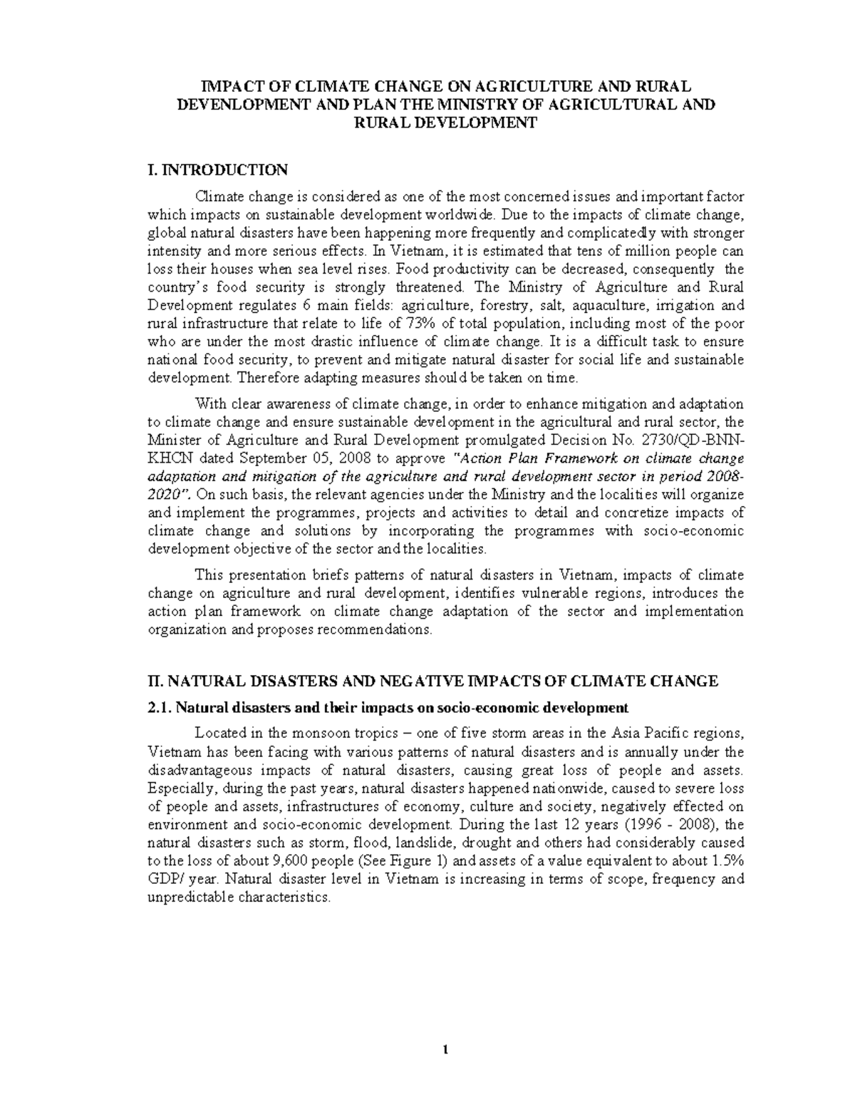 Impact of Climate Change on Agriculture & Rural Development (MARD ...