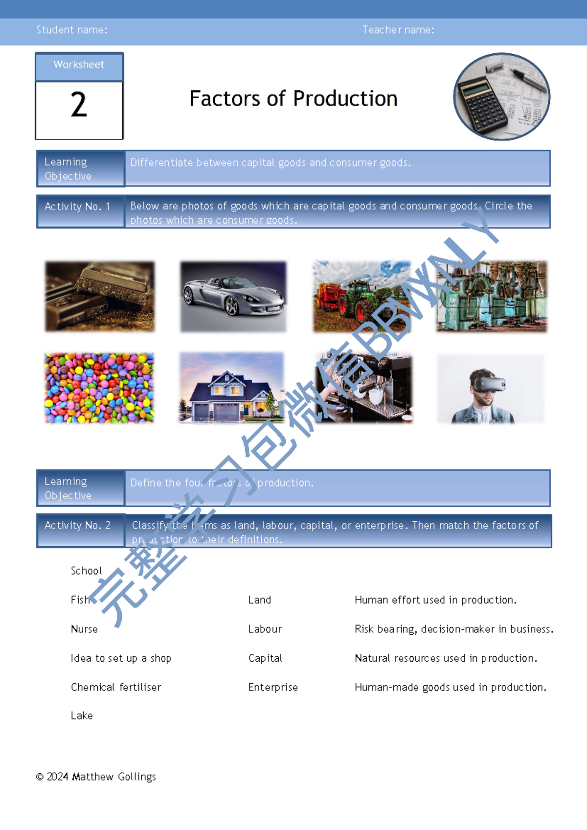 02 - Factors of Production - Economics Worksheet 1 Revision Guide - Studocu
