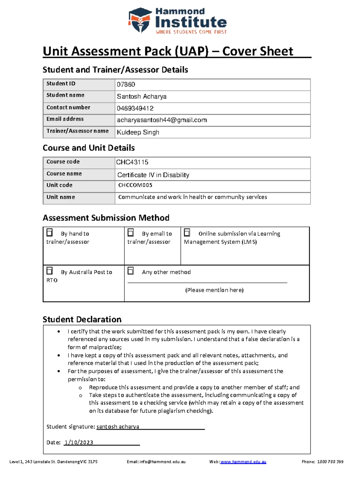 Unit Assessment Pack (UAP) for CHC43115: Individualised Support - Studocu
