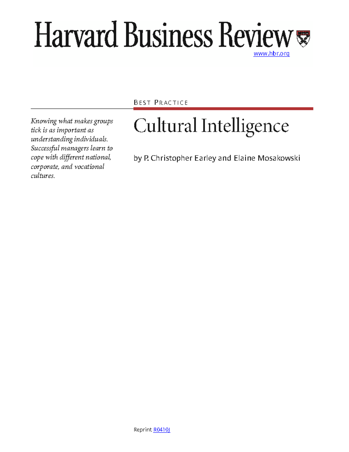 Cultural Intelligence: Best Practices for Managers (HBR R0410J) - Studocu
