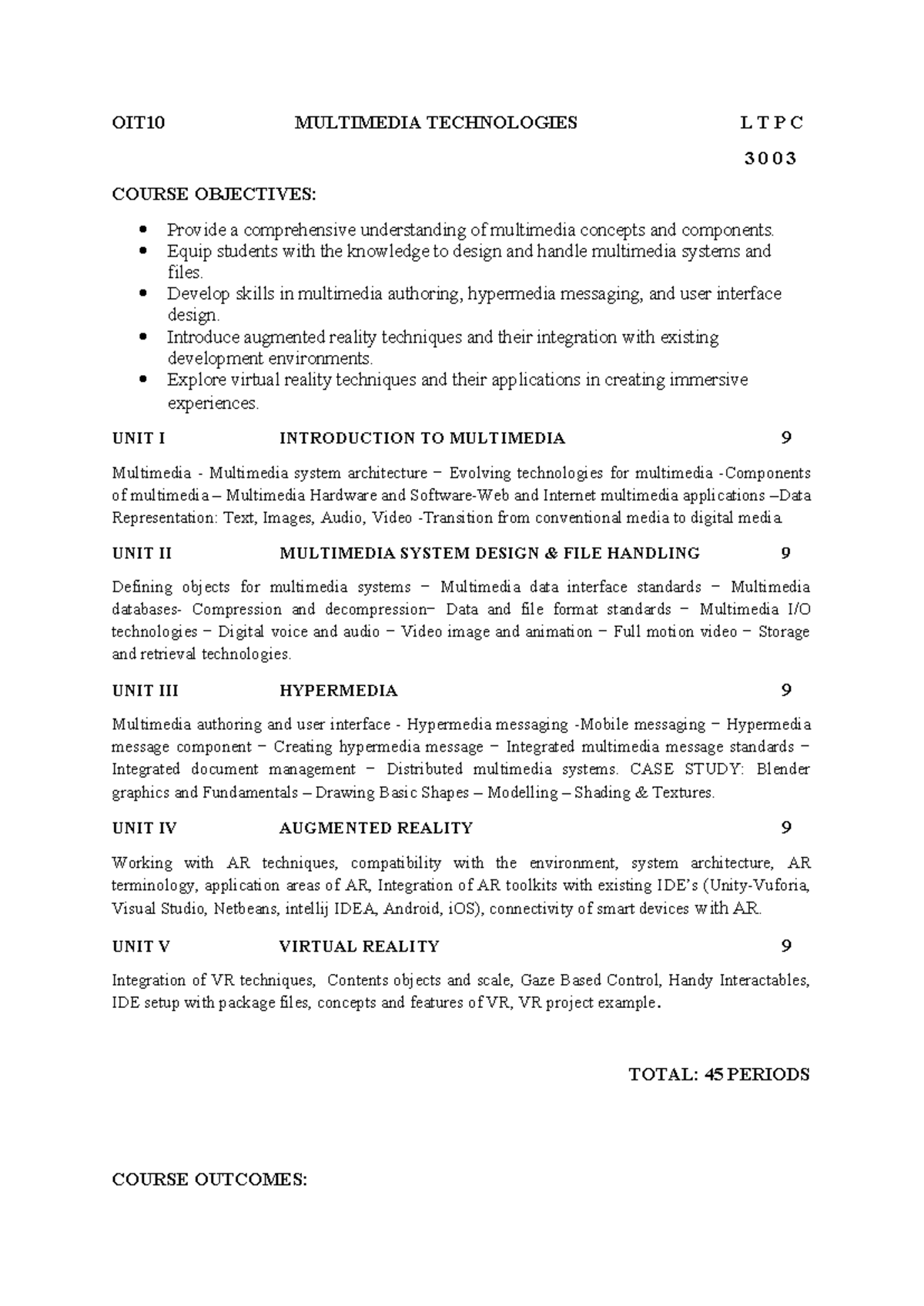 OIT10 Multimedia Technologies Syllabus: Course Objectives & Units ...