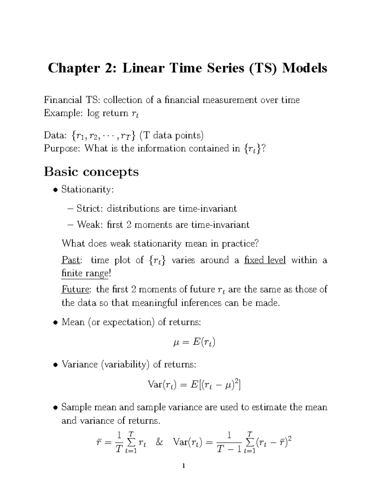 Chapter 2: Intro to Linear Time Series Models (TS) in Finance - Studocu